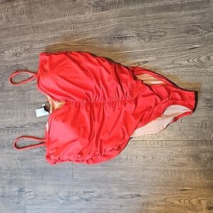 J Crew Cherry Red Ruched Halter Size 22 One Piece Swimsuit Brand New With Tags